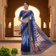 Generic Women's Georgette Striped Saree With Unstitched Blouse 5.5Mtr (Navy Blue)