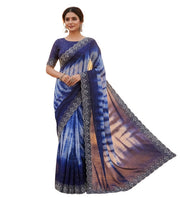 Generic Women's Georgette Striped Saree With Unstitched Blouse 5.5Mtr (Navy Blue)