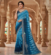 Generic Women's Georgette Striped Saree With Unstitched Blouse 5.5Mtr (Blue)