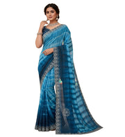 Generic Women's Georgette Striped Saree With Unstitched Blouse 5.5Mtr (Blue)
