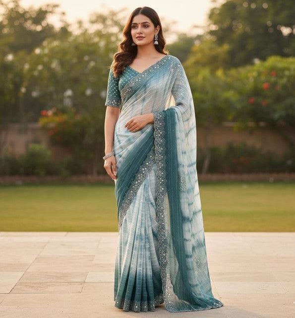 Generic Women's Georgette Striped Saree With Unstitched Blouse 5.5Mtr (Ice blue)