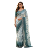 Generic Women's Georgette Striped Saree With Unstitched Blouse 5.5Mtr (Ice blue)