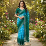 Generic Women's Georgette Striped Saree With Unstitched Blouse 5.5Mtr (Turquoise)