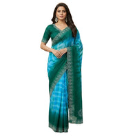 Generic Women's Georgette Striped Saree With Unstitched Blouse 5.5Mtr (Turquoise)