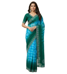 Generic Women's Georgette Striped Saree With Unstitched Blouse 5.5Mtr (Turquoise)