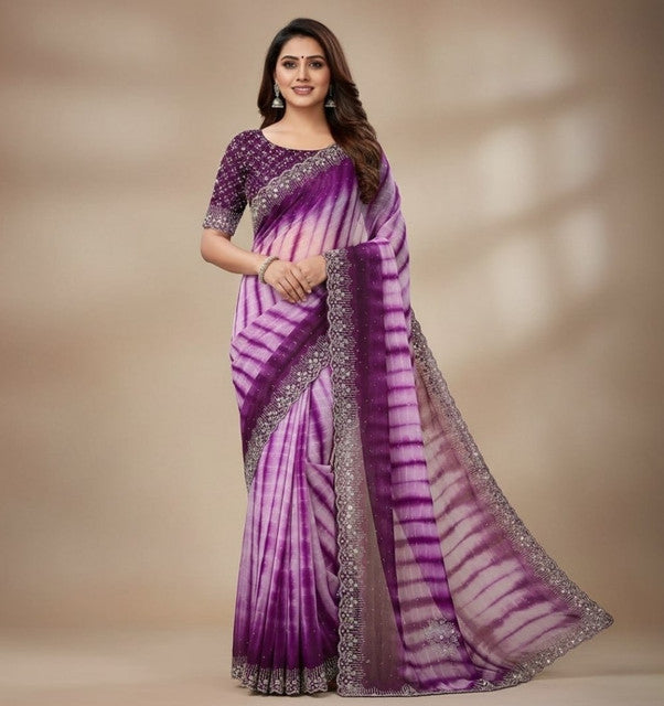 Generic Women's Georgette Striped Saree With Unstitched Blouse 5.5Mtr (Wine)