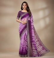 Generic Women's Georgette Striped Saree With Unstitched Blouse 5.5Mtr (Wine)