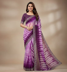 Generic Women's Georgette Striped Saree With Unstitched Blouse 5.5Mtr (Wine)