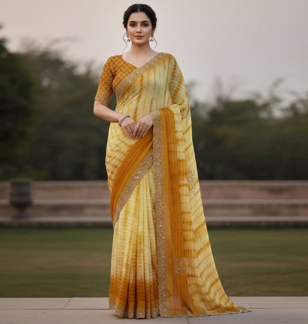 Generic Women's Georgette Striped Saree With Unstitched Blouse 5.5Mtr (Yellow)