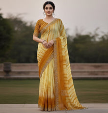 Generic Women's Georgette Striped Saree With Unstitched Blouse 5.5Mtr (Yellow)