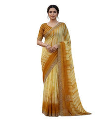 Generic Women's Georgette Striped Saree With Unstitched Blouse 5.5Mtr (Yellow)