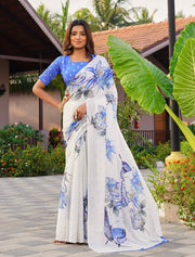 Generic Women's Georgette Floral & Butterfly Printed Saree With Unstitched Blouse 5.5Mtr (Off White-Blue)