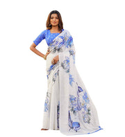 Generic Women's Georgette Floral & Butterfly Printed Saree With Unstitched Blouse 5.5Mtr (Off White-Blue)