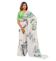 Generic Women's Georgette Floral & Butterfly Printed Saree With Unstitched Blouse 5.5Mtr (Off White-Green)