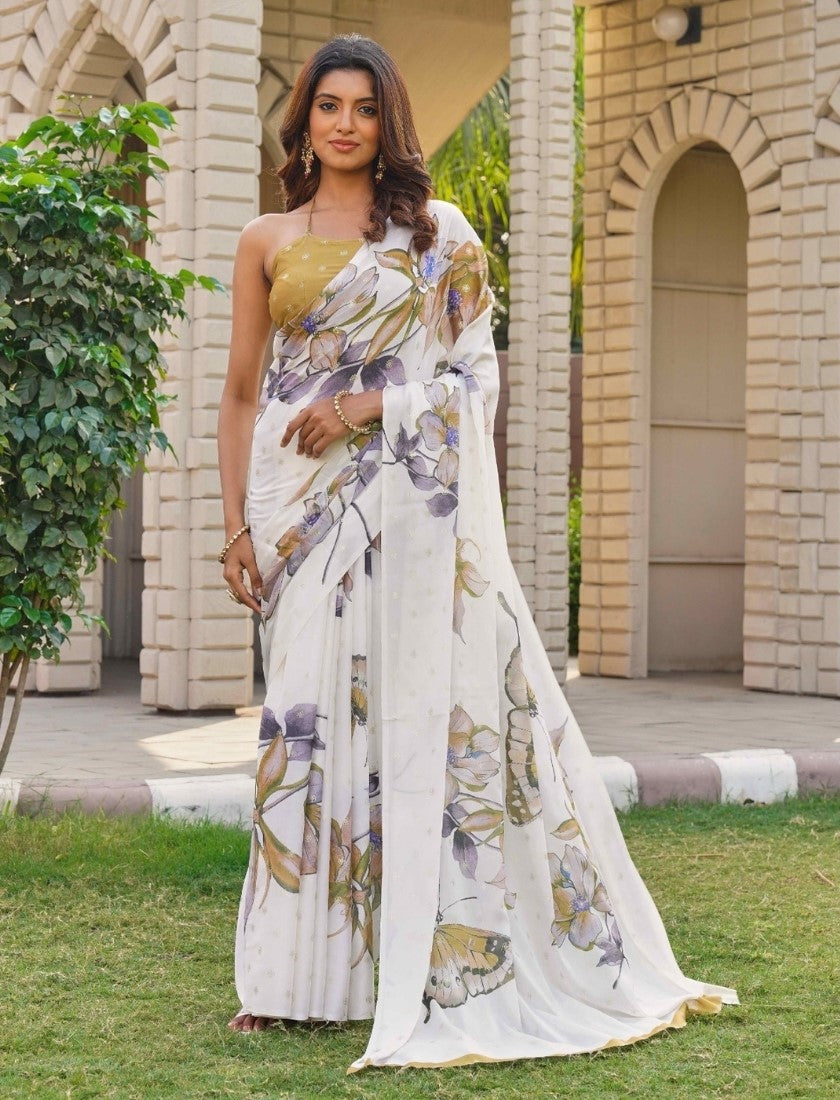 Generic Women's Georgette Floral & Butterfly Printed Saree With Unstitched Blouse 5.5Mtr (Off White-Mustard)