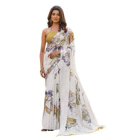 Generic Women's Georgette Floral & Butterfly Printed Saree With Unstitched Blouse 5.5Mtr (Off White-Mustard)