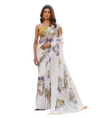 Generic Women's Georgette Floral & Butterfly Printed Saree With Unstitched Blouse 5.5Mtr (Off White-Mustard)