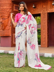 Generic Women's Georgette Floral & Butterfly Printed Saree With Unstitched Blouse 5.5Mtr (Off White-Pink)
