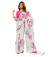 Generic Women's Georgette Floral & Butterfly Printed Saree With Unstitched Blouse 5.5Mtr (Off White-Pink)