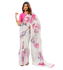 Generic Women's Georgette Floral & Butterfly Printed Saree With Unstitched Blouse 5.5Mtr (Off White-Pink)