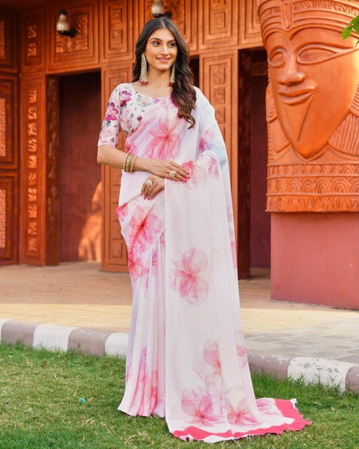 Generic Women's Georgette Floral Printed Saree With Unstitched Blouse 5.5Mtr (Off White-Pink)