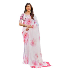 Generic Women's Georgette Floral Printed Saree With Unstitched Blouse 5.5Mtr (Off White-Pink)