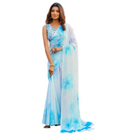 Generic Women's Georgette Floral Printed Saree With Unstitched Blouse 5.5Mtr (Off White-Skyblue)