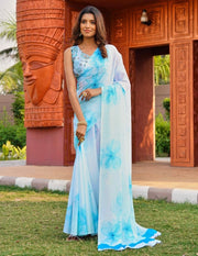 Generic Women's Georgette Floral Printed Saree With Unstitched Blouse 5.5Mtr (Off White-Skyblue)