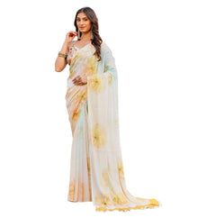 Generic Women's Georgette Floral Printed Saree With Unstitched Blouse 5.5Mtr (Off White-Yellow)