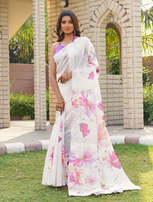 Generic Women's Georgette Floral Printed Saree With Unstitched Blouse 5.5Mtr (White-Pink)
