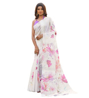 Generic Women's Georgette Floral Printed Saree With Unstitched Blouse 5.5Mtr (White-Pink)