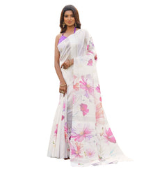 Generic Women's Georgette Floral Printed Saree With Unstitched Blouse 5.5Mtr (White-Pink)