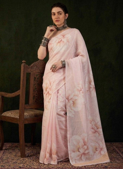 Generic Women's Georgette Floral Printed Saree With Unstitched Blouse 5.5Mtr (Cream)