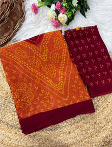 Generic Women's Georgette Bandhani Printed Saree With Unstitched Blouse 5.5Mtr (Orange-Maroon)