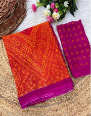 Generic Women's Georgette Bandhani Printed Saree With Unstitched Blouse 5.5Mtr (Orange-Magenta)