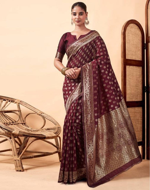 Generic Women's Jacquard Printed Saree With Unstitched Blouse 5.5Mtr (Maroon)