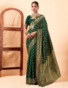 Generic Women's Jacquard Printed Saree With Unstitched Blouse 5.5Mtr (Bottle Green)