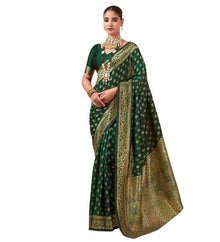 Generic Women's Jacquard Printed Saree With Unstitched Blouse 5.5Mtr (Bottle Green)