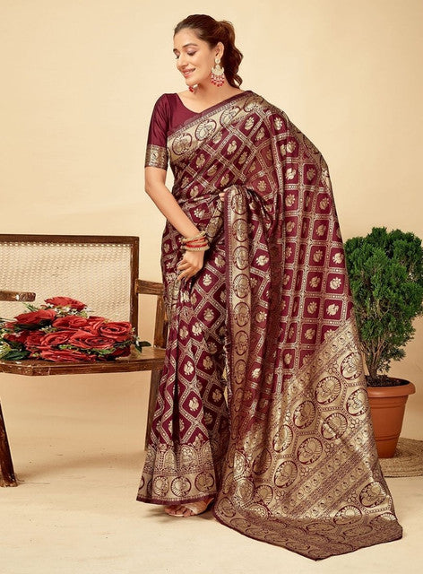 Generic Women's Jacquard Printed Saree With Unstitched Blouse 5.5Mtr (Maroon)