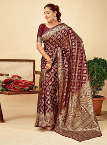Generic Women's Jacquard Printed Saree With Unstitched Blouse 5.5Mtr (Maroon)