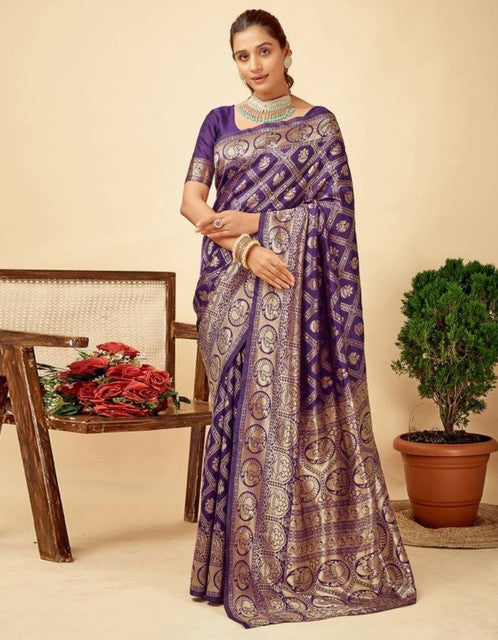 Generic Women's Jacquard Printed Saree With Unstitched Blouse 5.5Mtr (Purple)