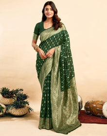 Generic Women's Jacquard Printed Saree With Unstitched Blouse 5.5Mtr (Bottle Green)