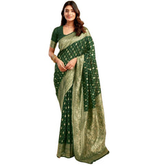 Generic Women's Jacquard Printed Saree With Unstitched Blouse 5.5Mtr (Bottle Green)