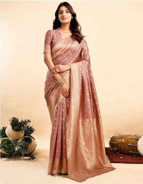 Generic Women's Jacquard Printed Saree With Unstitched Blouse 5.5Mtr (Peach)