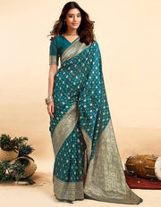Generic Women's Jacquard Printed Saree With Unstitched Blouse 5.5Mtr (Teal)