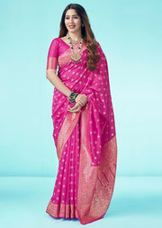 Generic Women's Jacquard Printed Saree With Unstitched Blouse 5.5Mtr (Pink)