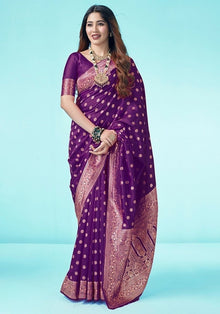 Generic Women's Jacquard Printed Saree With Unstitched Blouse 5.5Mtr (Purple)