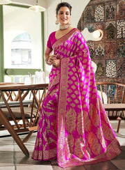 Generic Women's Jacquard Printed Saree With Unstitched Blouse 5.5Mtr (Pink)