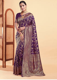 Generic Women's Jacquard Printed Saree With Unstitched Blouse 5.5Mtr (Purple)