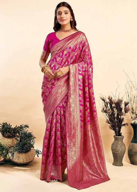 Generic Women's Jacquard Printed Saree With Unstitched Blouse 5.5Mtr (Pink)